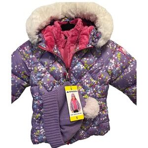 NWT Snozu Kids Purple Heart Print Puffer w/ Faux Fur lining, Hood &  Hat SZ 5